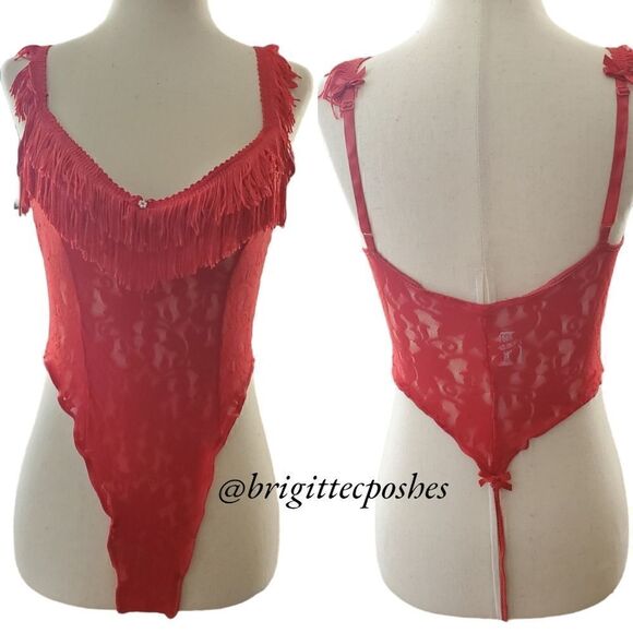 CALIFORNIA DYNASTY Women's Red Lace Fringes G-string Teddy - Picture 9 of 10